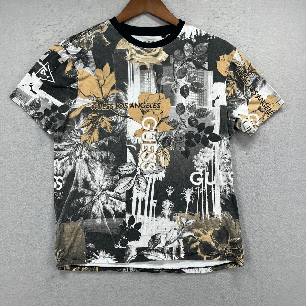 GUESS T-Shirt Mens Small Black Floral Palm Tree Graphic Short Sleeve Organic Tee